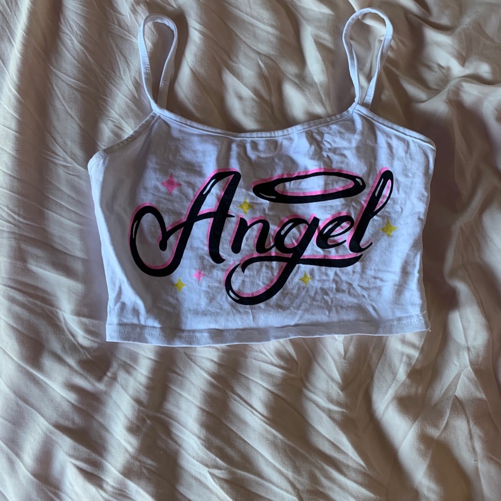 White crop tank top that says angel